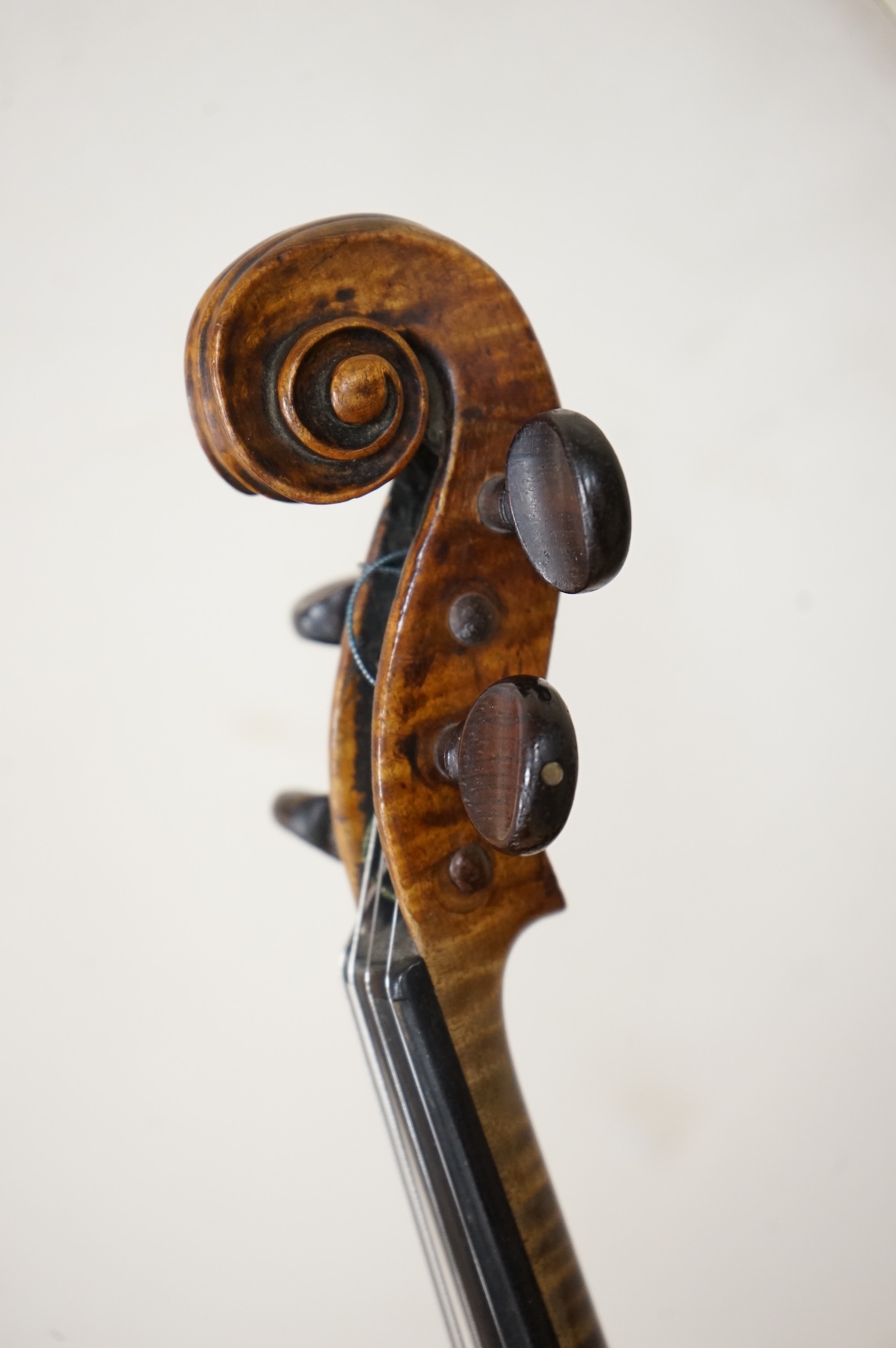 An interesting late 18th century violin, with one piece bird’s eye maple back, unsigned, with two silver fully mounted octagonal bows, one stamped Voight CITES Submission reference, 3XFNUBT7 and Submission reference, RHL
